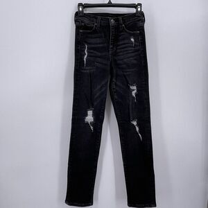 Fashion Nova Sz 0 Black Slim Straight Leg Jeans Mid Rise Distressed 24x29